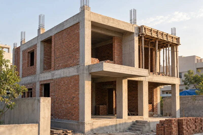 Concrete frame and brick masonry construction detail