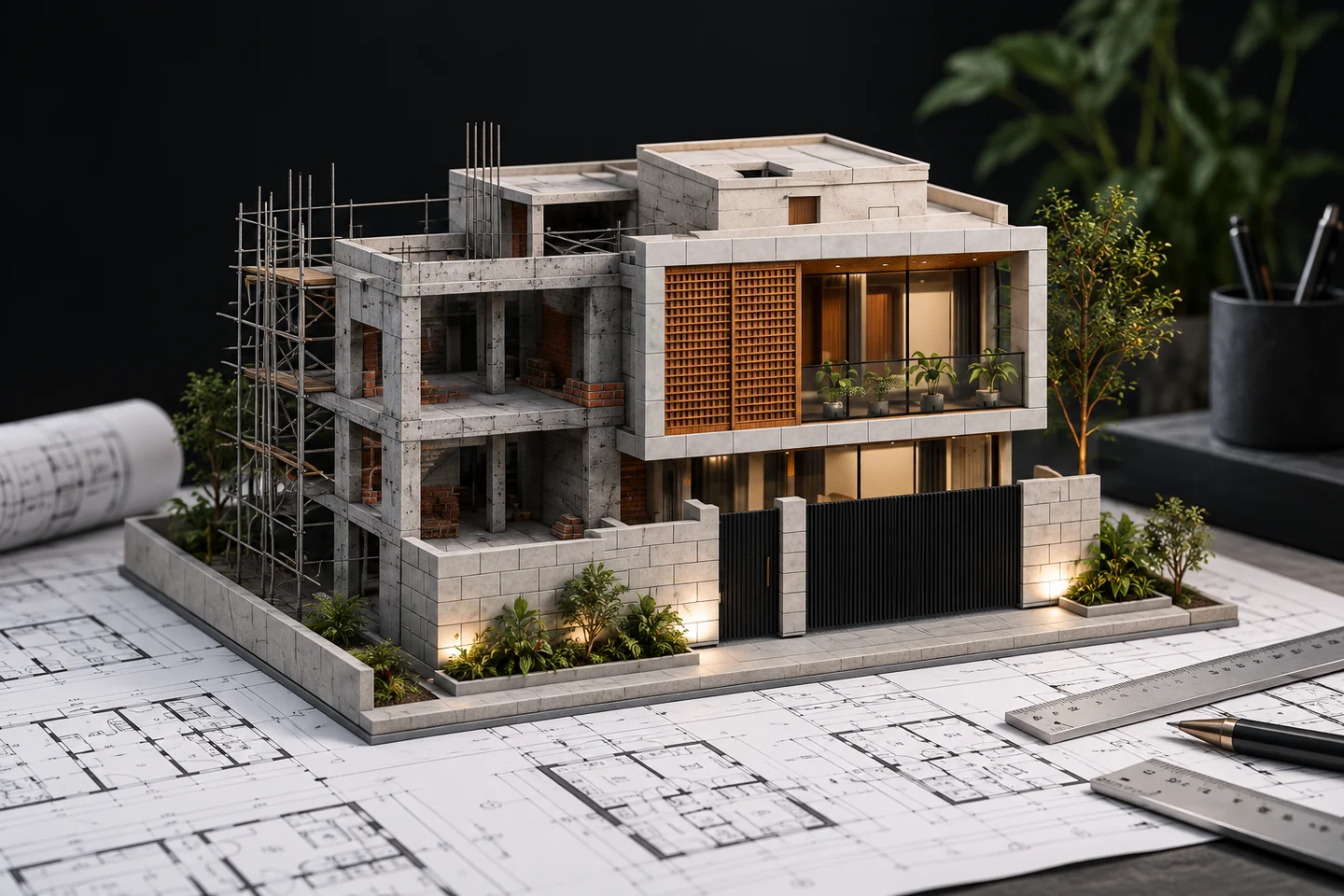 Scale model of the ELEV8 home, arranged over architectural floor plans