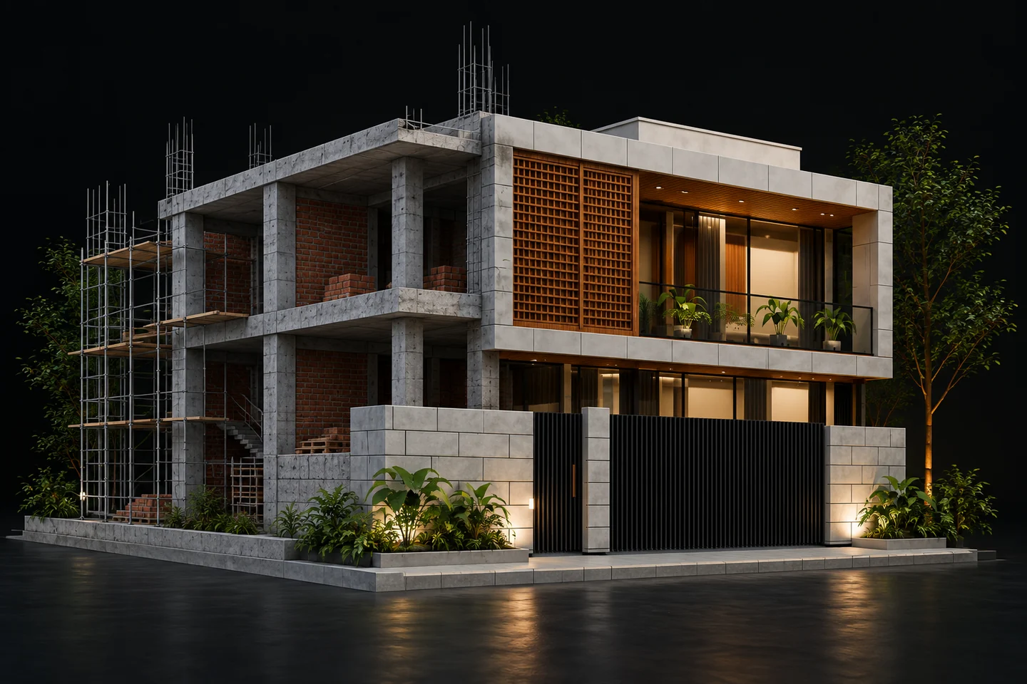The same home shown from its concrete and masonry structure to its finished elevation