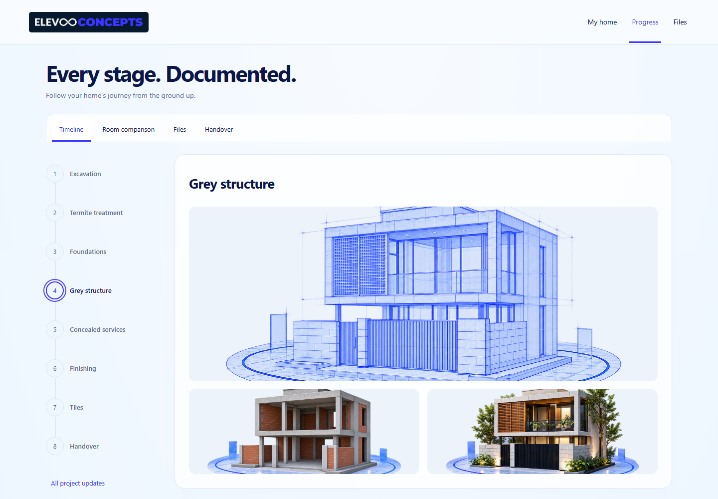 ELEV8CONCEPTS client portal showing home progress and shared project records